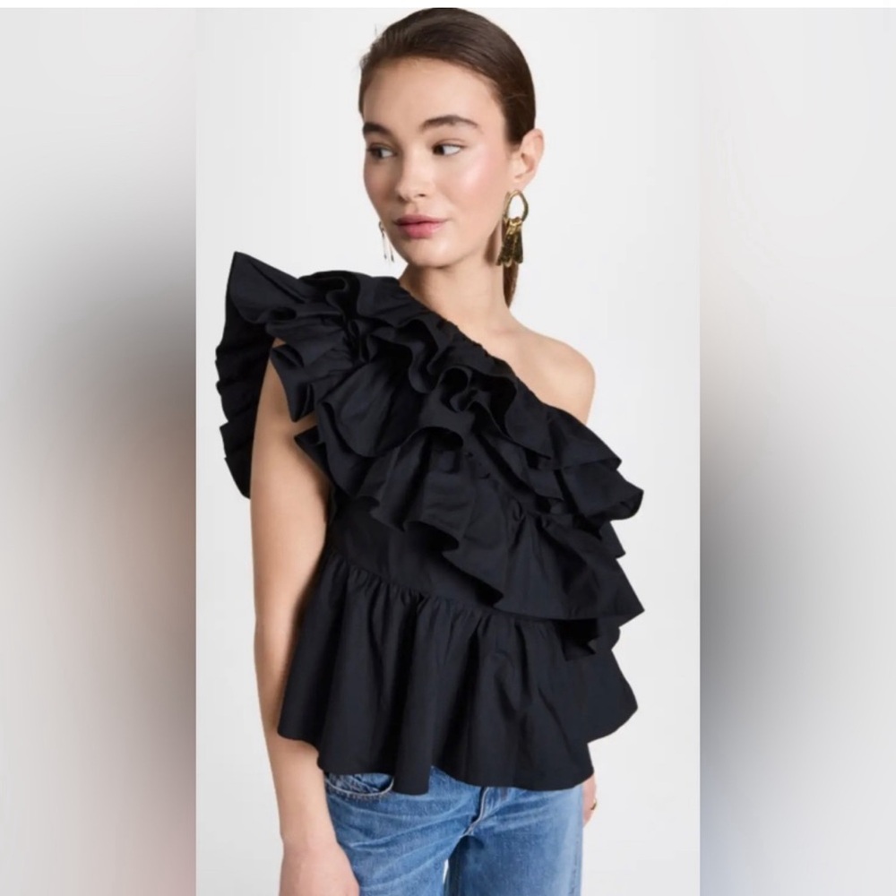 Ulla Johnson Black Ruffled One-Shoulder Top